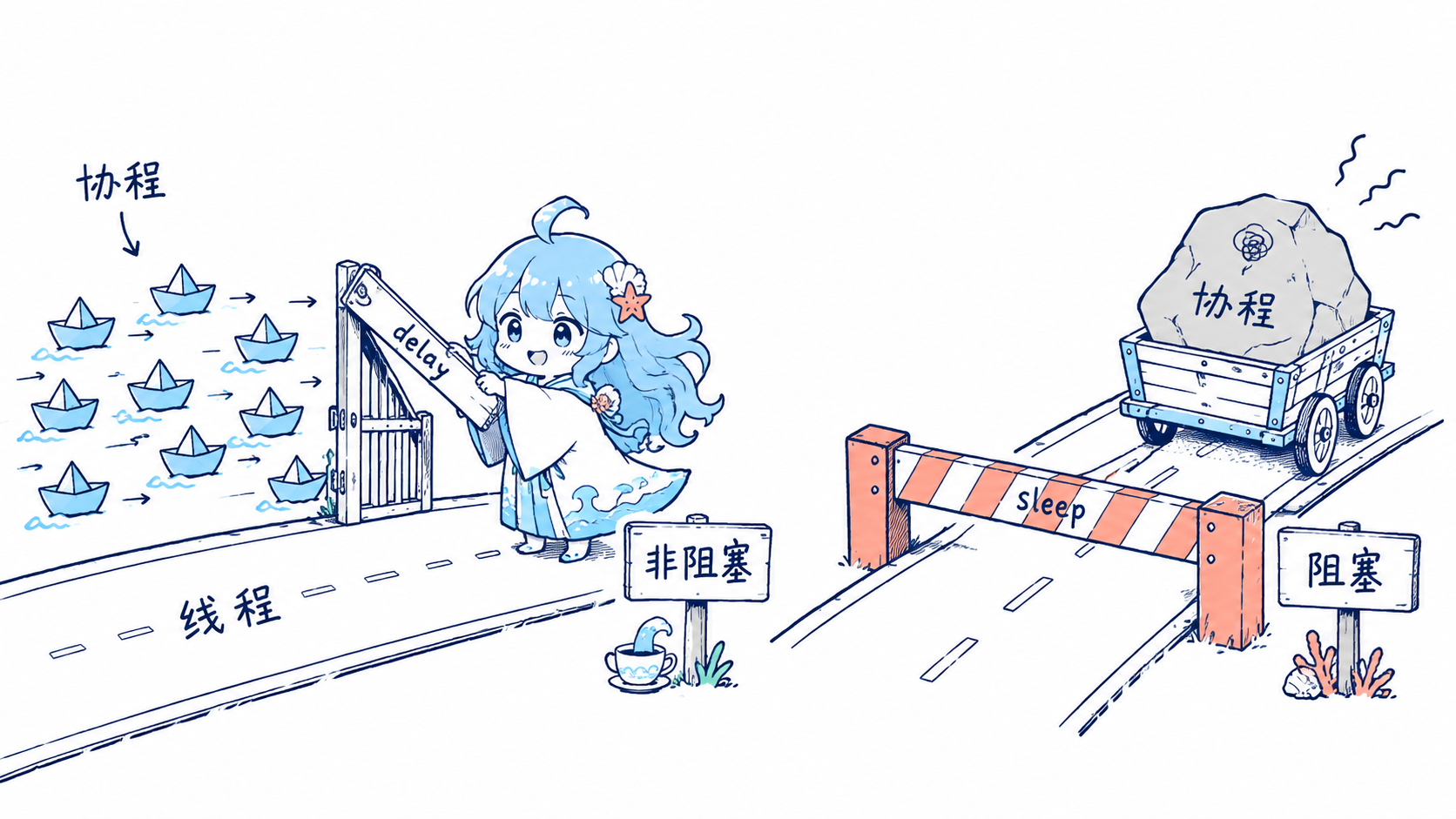 海灵对比 Kotlin 协程中 delay 的非阻塞通道和 Thread sleep 的阻塞路障