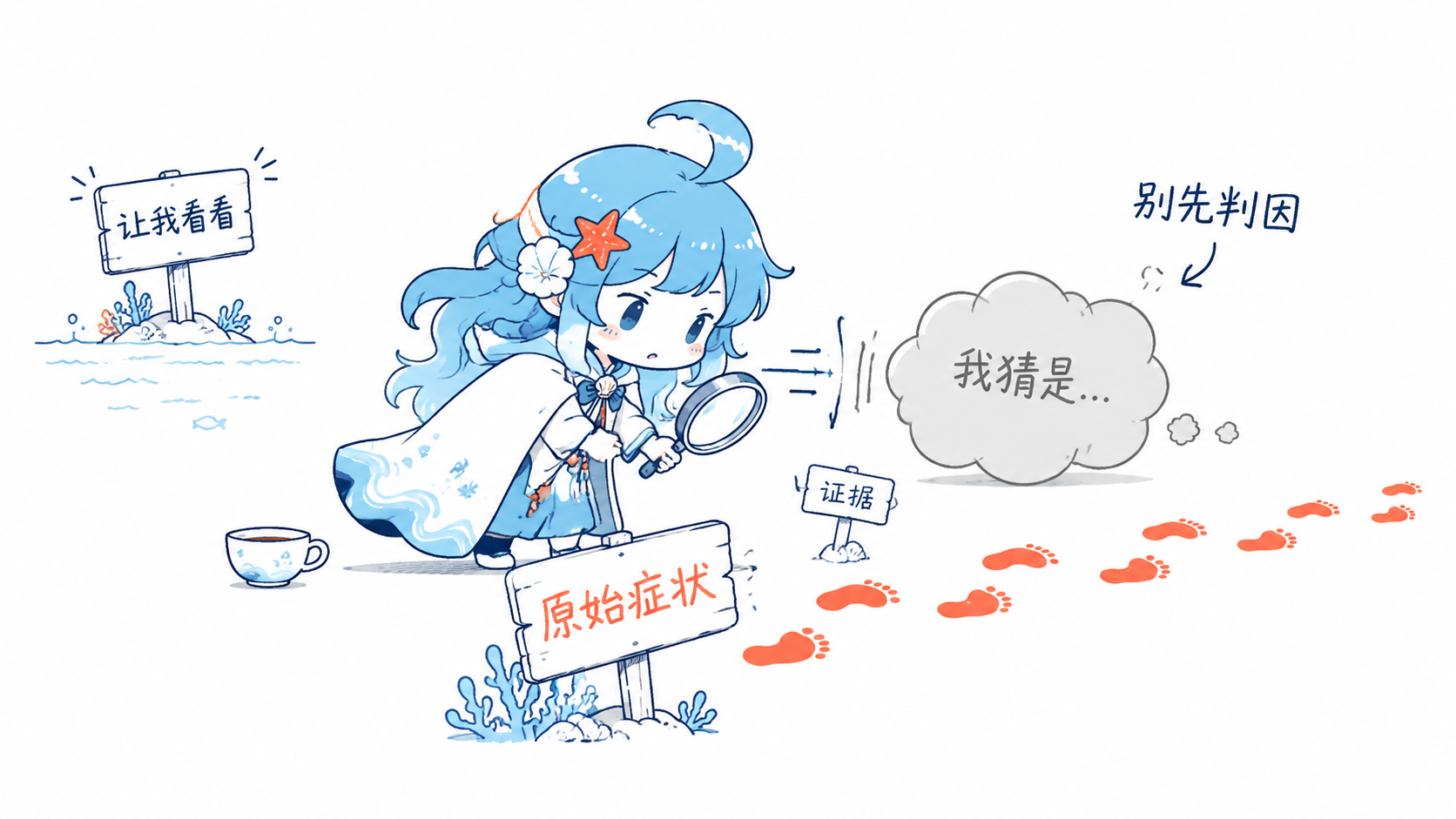 海灵拿放大镜查看原始症状脚印，并把猜测云推到旁边