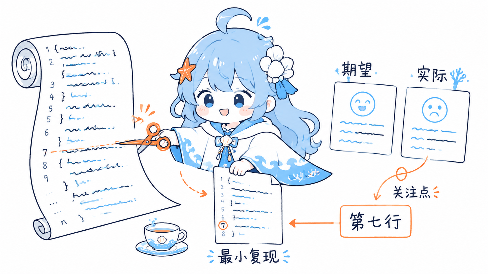 海灵把混乱代码卷裁成最小复现，并标出期望、实际和关注点